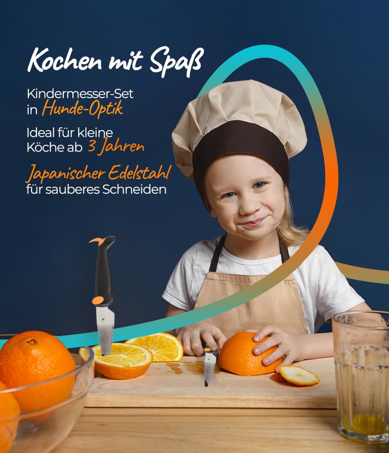 Kuhn Rikon KinderkitchenÂ® Kids Chef Knife Set 6", 2 Pieces, Black/Orange | Straight Edge & Serrated Knife | Cutting Tool Made for Real Cooking | Child Friendly Dog Design With Hand Guard For Safety - Image 3